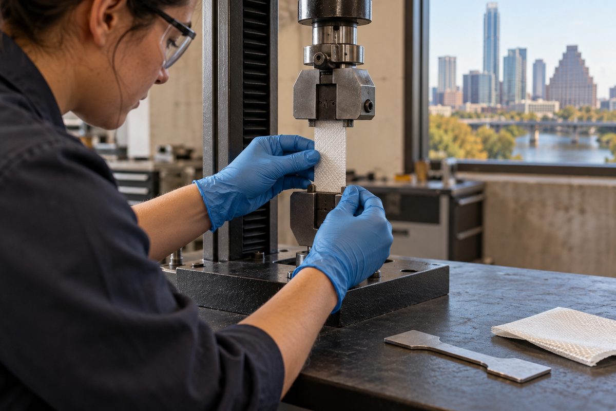 Materials sample positioned under a benchtop test frame